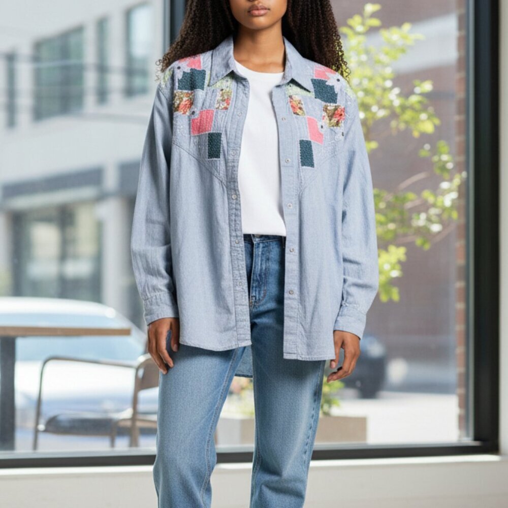 BOOM Vintage Western 90s Quilted Embroidered Patchwork Chambray Denim Blouse S